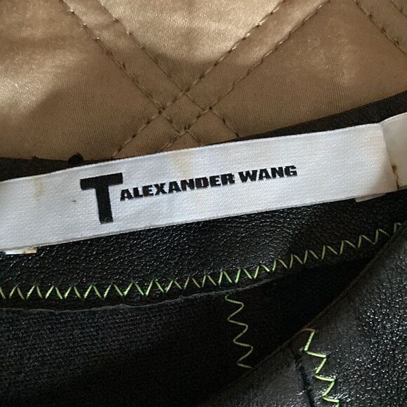 T by Alexander Wang Long Sleeve Black Leather Mini Dress/Green Stitching. Size 2 - Picture 5 of 7